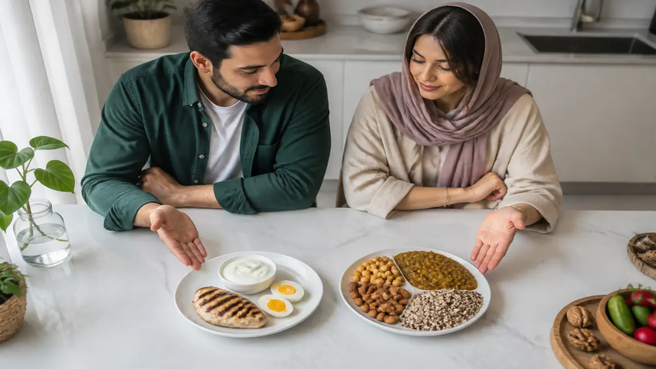 مقایسه بشقاب غذای حاوی پروتئین حیوانی و گیاهی