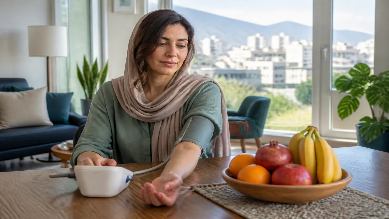 زن ایرانی در حال اندازه گیری فشار خون و نگاه به میوه ها