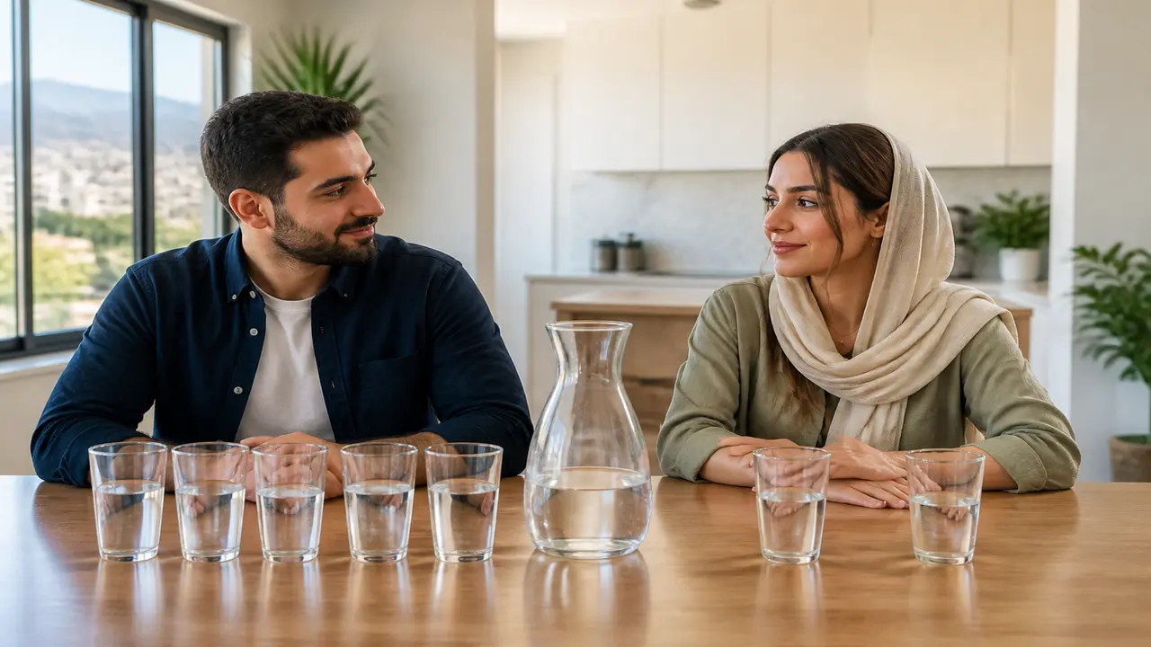 نمای کلی لیوانهای آب برای مردان و زنان در یک روز