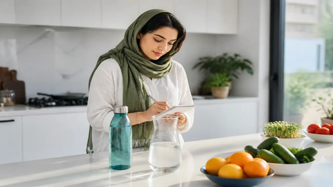 زن ایرانی در آشپزخانه با بطری آب و میوه برای تنظیم مصرف روزانه آب