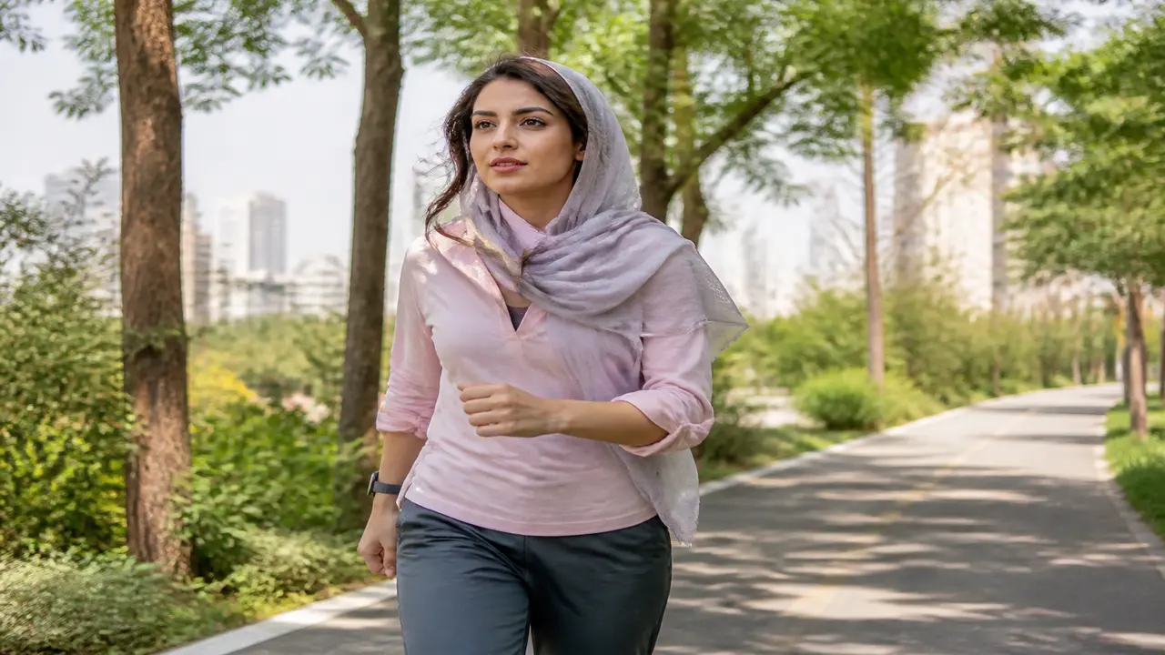 زن ایرانی در حال پیاده‌روی تند برای بهبود جذب گلوکز عضله