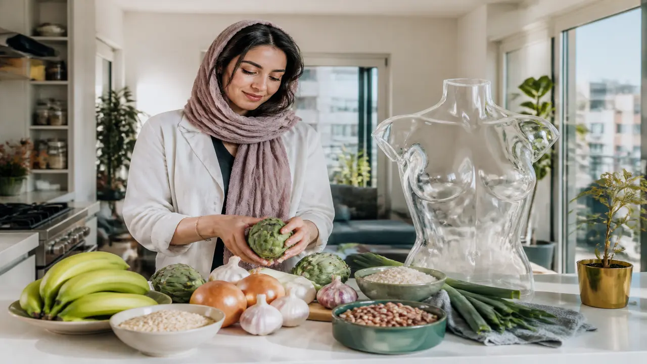 نمای نمادین از ارتباط فیبر و میکروبیوم روده