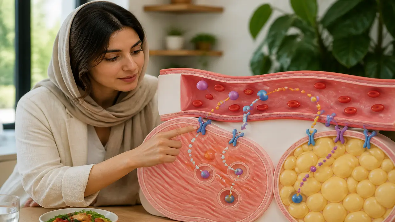 نمای شماتیک عملکرد GLUT4 در ورود گلوکز به سلول عضله