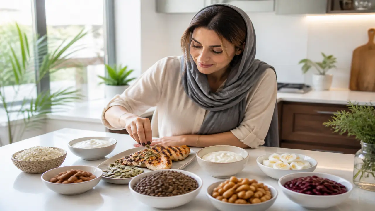 نمونه‌ای از مواد غذایی مختلف غنی از پروتئین روی میز