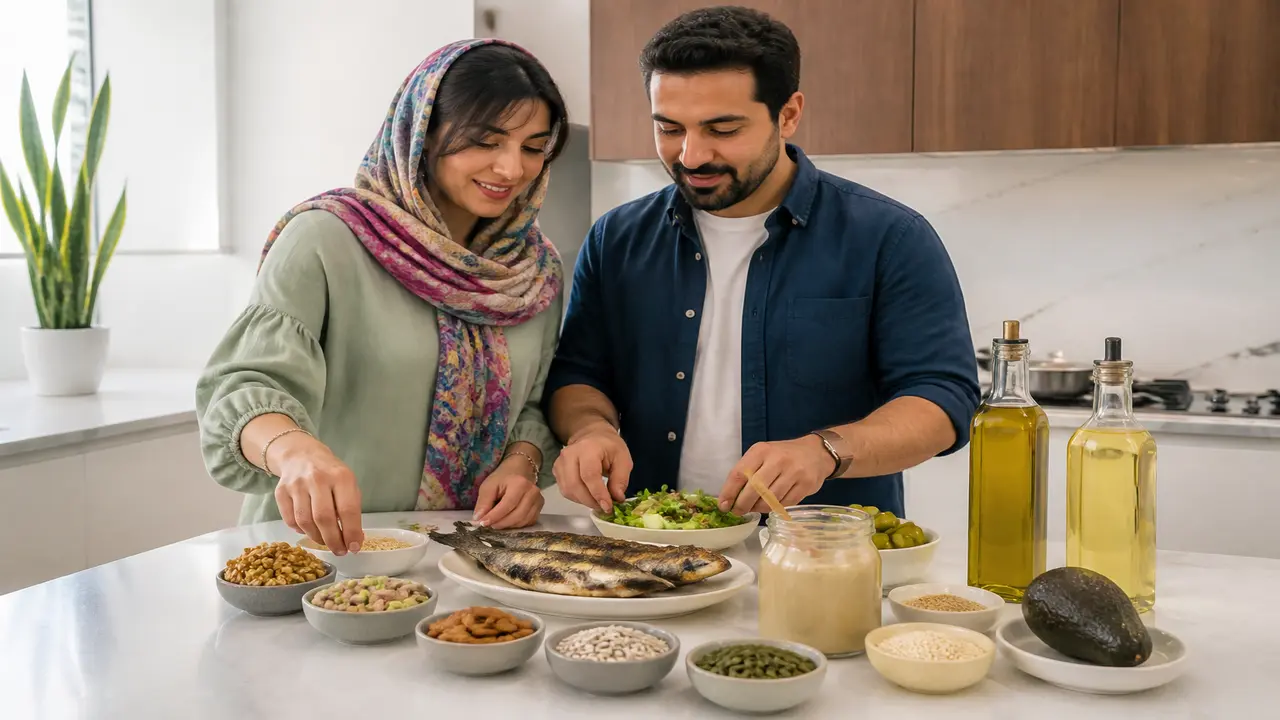 چیدمان مواد غذایی حاوی چربی مفید در آشپزخانه ایرانی