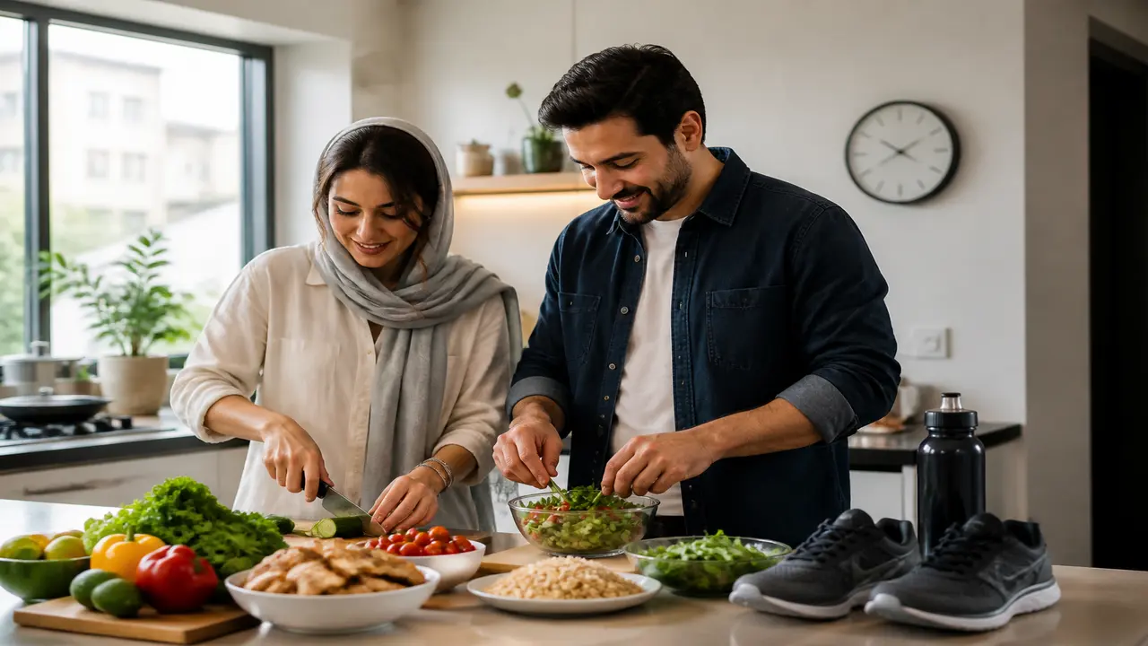 زوج ایرانی در حال آماده‌سازی غذای سالم و برنامه‌ریزی سبک زندگی برای بهبود عملکرد GLUT4