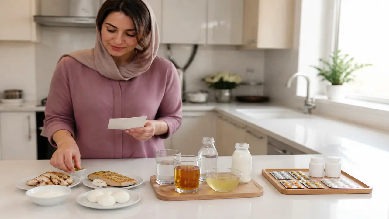 نمونه منابع پروتئین، مایعات و مکمل‌های بعد از اسلیو معده روی میز