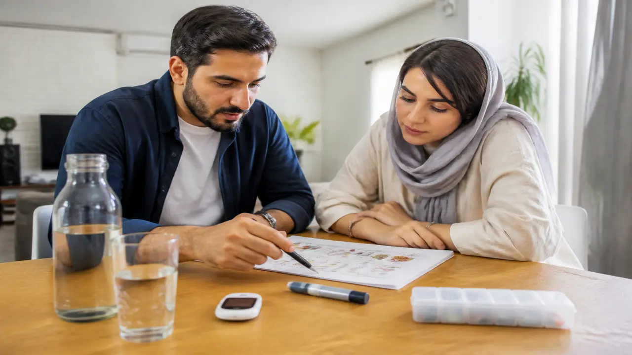 فرد ایرانی در حال مدیریت ایمن قند خون با آب، دارو و پایش