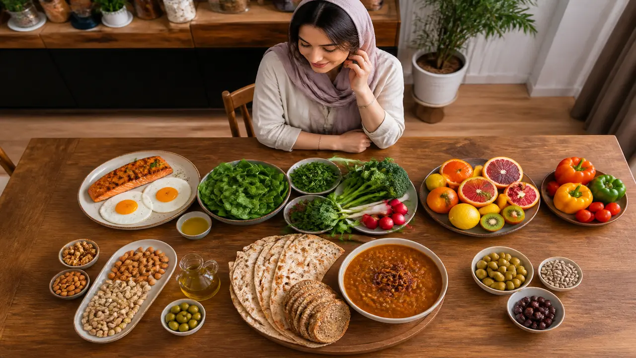 نمونه خوراکی‌های غنی از ویتامین‌ها در کنار هم