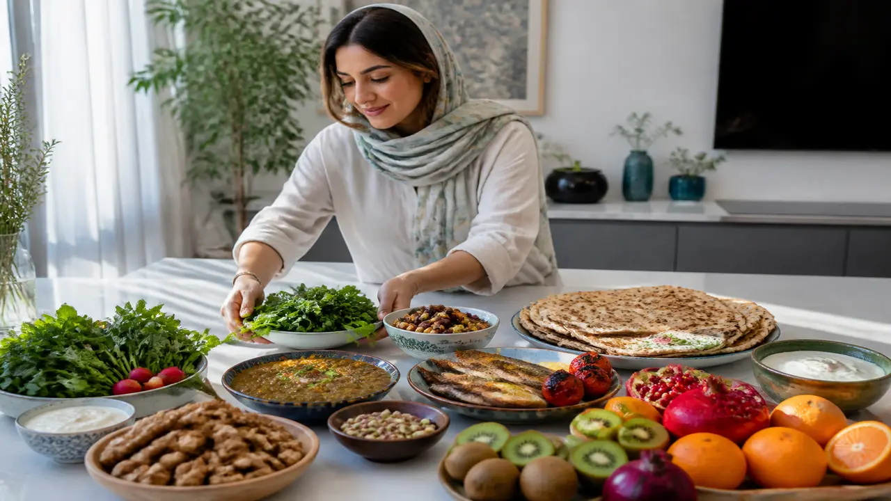 مواد غذایی ایرانی سرشار از ویتامین روی میز آشپزخانه